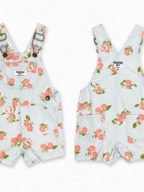 VTG Osh Kosh B'gosh USA Vestback Overalls 12 Mos Romper Fruit Peach Print Shorts